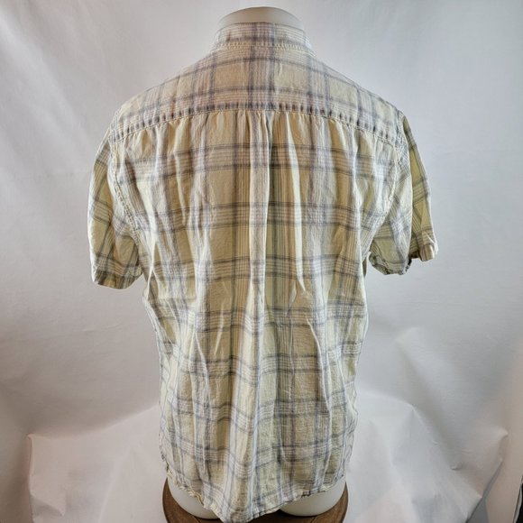 Vince Shirt Mens XL Yellow Gray Button Up Short Sleeve Plaid Linen Classic Fit - Picture 5 of 8